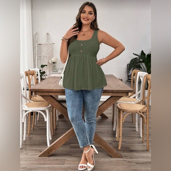 💚🆕💚Olive Eyelet Sleeveless Tank Top with Button Detail 2XL - Picture 5 of 5